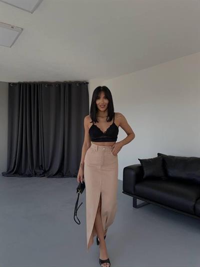 GABARDİN UZUN ÖNDEN YIRTMAÇLI ETEK - Kahverengi