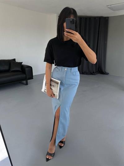 GABARDİN UZUN ÖNDEN YIRTMAÇLI ETEK - Mavi