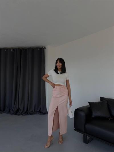 GABARDİN UZUN ÖNDEN YIRTMAÇLI ETEK - Pudra