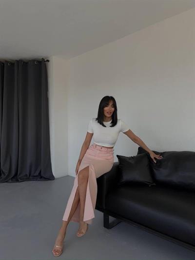 GABARDİN UZUN ÖNDEN YIRTMAÇLI ETEK - Pudra