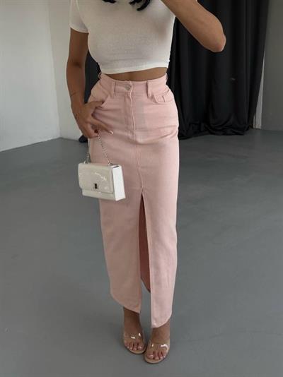 GABARDİN UZUN ÖNDEN YIRTMAÇLI ETEK - Pudra