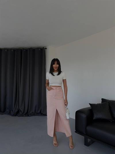 GABARDİN UZUN ÖNDEN YIRTMAÇLI ETEK - Pudra