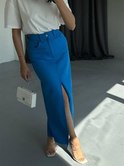 GABARDİN UZUN ÖNDEN YIRTMAÇLI ETEK - Saks