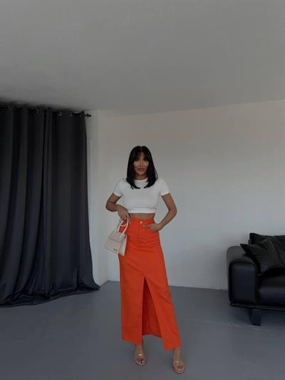 GABARDİN UZUN ÖNDEN YIRTMAÇLI ETEK - Turuncu