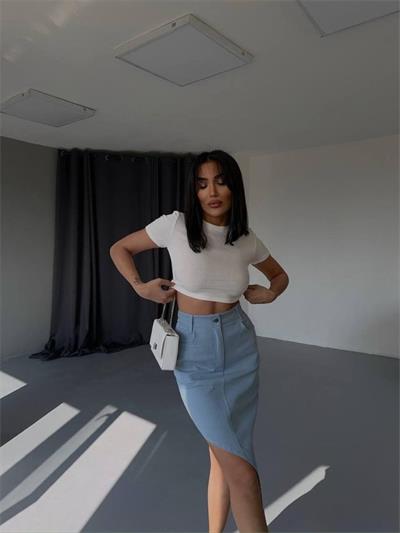 GABARDİN YIRTMAÇ DETAYLI ETEK - Açık Mavi