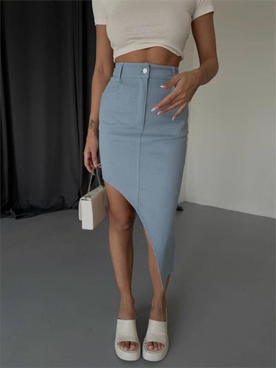 GABARDİN YIRTMAÇ DETAYLI ETEK - Açık Mavi