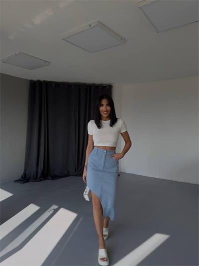 GABARDİN YIRTMAÇ DETAYLI ETEK - Açık Mavi