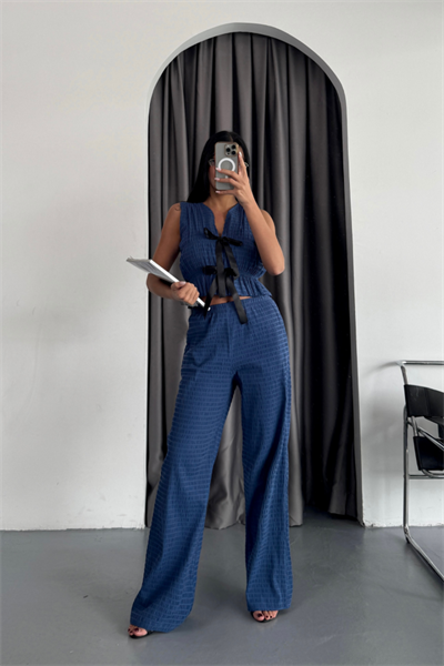 GOFRE BLUZ-PANTOLON TK KURDELE DETAYLI - Mavi