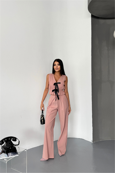 GOFRE BLUZ-PANTOLON TK KURDELE DETAYLI - Somon