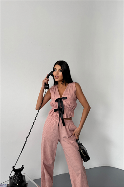 GOFRE BLUZ-PANTOLON TK KURDELE DETAYLI - Somon