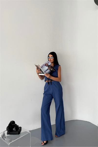 GOFRE BLUZ-PANTOLON TK KURDELE DETAYLI - Mavi