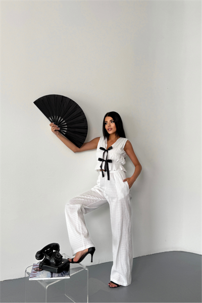 GOFRE BLUZ-PANTOLON TK KURDELE DETAYLI - Beyaz