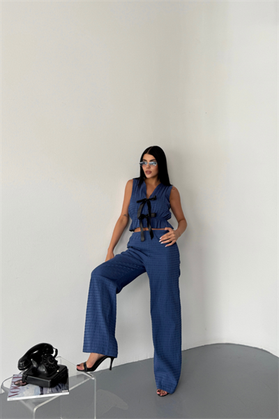 GOFRE BLUZ-PANTOLON TK KURDELE DETAYLI - Mavi