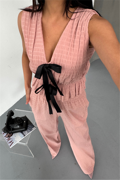 GOFRE BLUZ-PANTOLON TK KURDELE DETAYLI - Somon