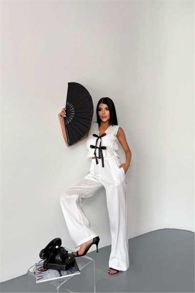 GOFRE BLUZ-PANTOLON TK KURDELE DETAYLI - Beyaz