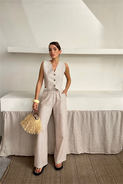 GOFRE ÇİZGİLİ YELEK - PANTOLON TAKIM - Bej