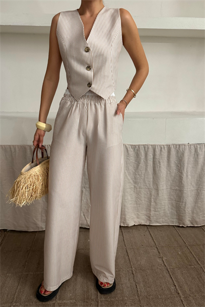 GOFRE ÇİZGİLİ YELEK - PANTOLON TAKIM - Bej