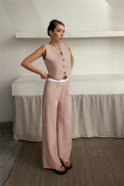 GOFRE ÇİZGİLİ YELEK - PANTOLON TAKIM - Kahverengi