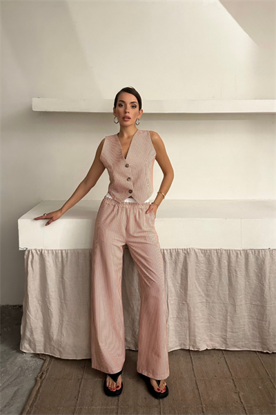 GOFRE ÇİZGİLİ YELEK - PANTOLON TAKIM - Kahverengi