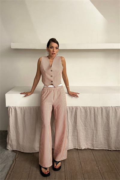 GOFRE ÇİZGİLİ YELEK - PANTOLON TAKIM - Kahverengi