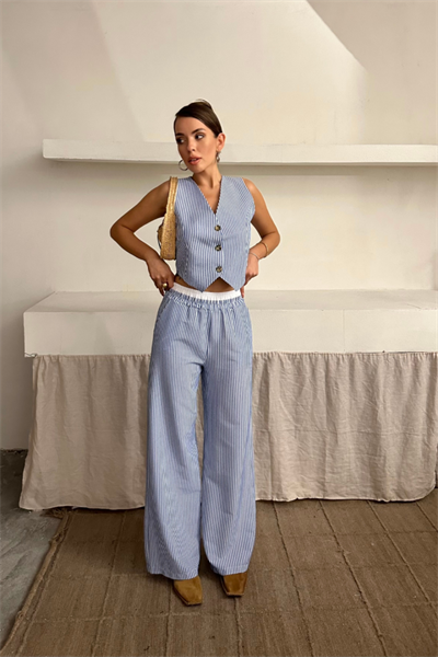 GOFRE ÇİZGİLİ YELEK - PANTOLON TAKIM - Mavi