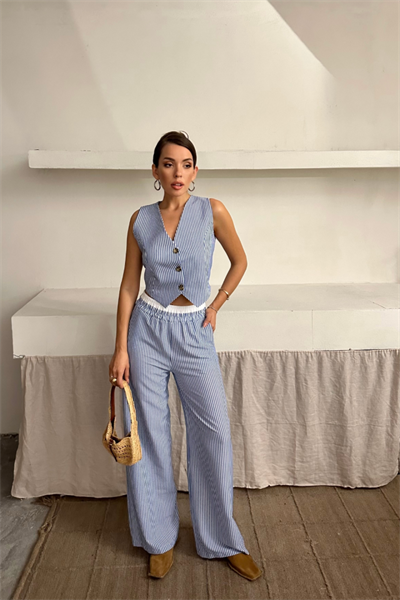 GOFRE ÇİZGİLİ YELEK - PANTOLON TAKIM - Mavi