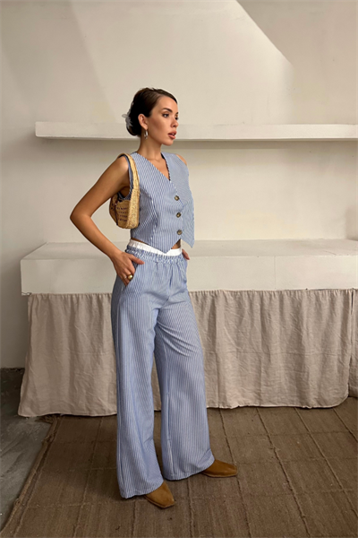 GOFRE ÇİZGİLİ YELEK - PANTOLON TAKIM - Mavi