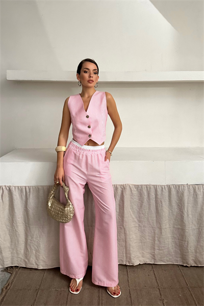 GOFRE ÇİZGİLİ YELEK - PANTOLON TAKIM - Pembe