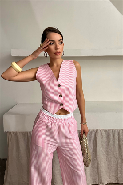 GOFRE ÇİZGİLİ YELEK - PANTOLON TAKIM - Pembe