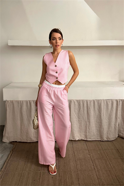GOFRE ÇİZGİLİ YELEK - PANTOLON TAKIM - Pembe