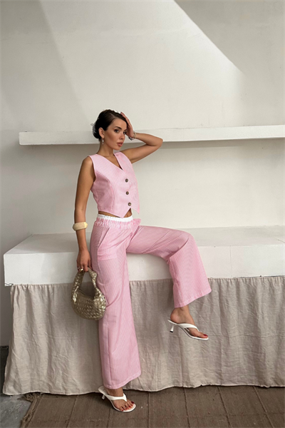 GOFRE ÇİZGİLİ YELEK - PANTOLON TAKIM - Pembe