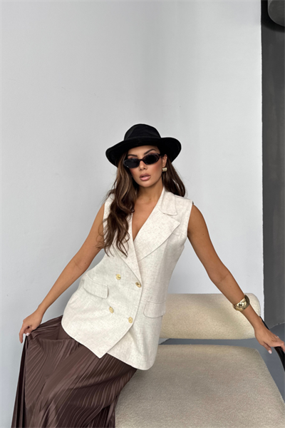 GOLD DÜĞMELİ KETEN YELEK - Ham