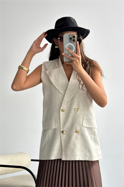 GOLD DÜĞMELİ KETEN YELEK - Ham