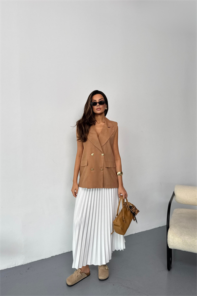 GOLD DÜĞMELİ KETEN YELEK - Kahverengi