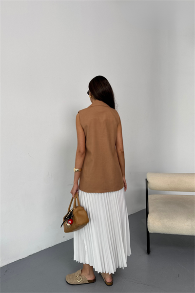 GOLD DÜĞMELİ KETEN YELEK - Kahverengi