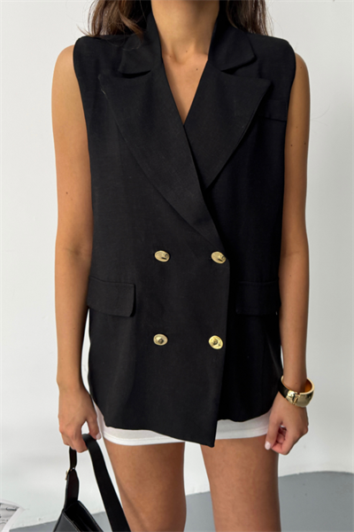 GOLD DÜĞMELİ KETEN YELEK - Siyah