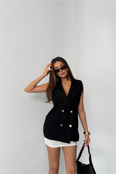 GOLD DÜĞMELİ KETEN YELEK - Siyah