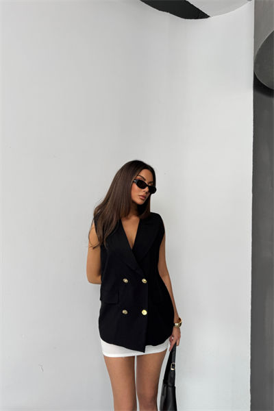 GOLD DÜĞMELİ KETEN YELEK - Siyah