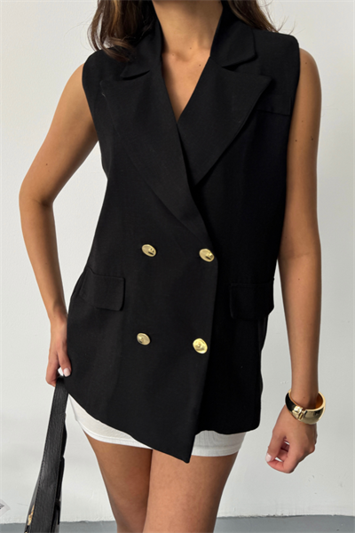 GOLD DÜĞMELİ KETEN YELEK - Siyah