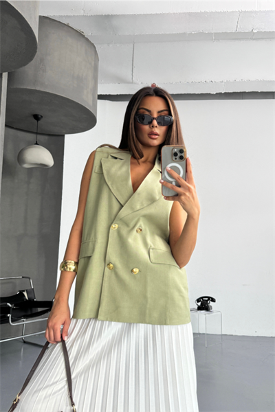 GOLD DÜĞMELİ KETEN YELEK - Yeşil