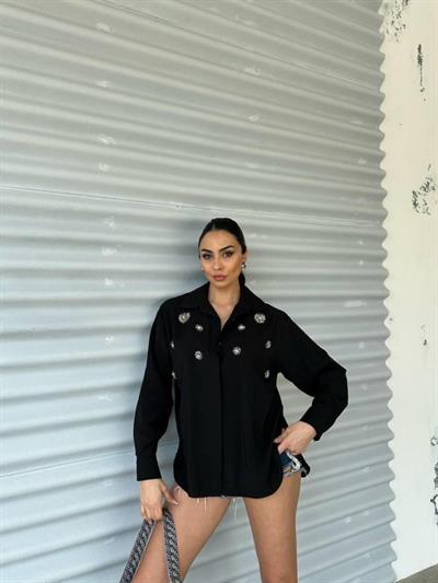 GÖMLEK BONCUK İŞLEMELİ - Siyah