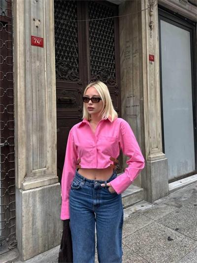 GÖMLEK POPLİN CROP YAN ÇİFT KEMER DETAYLI - Pembe