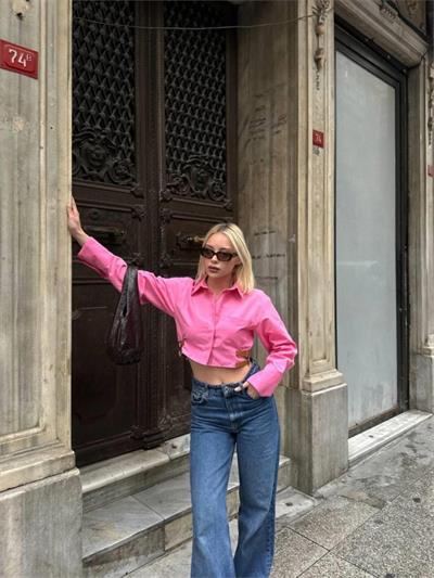 GÖMLEK POPLİN CROP YAN ÇİFT KEMER DETAYLI - Pembe