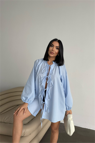 GÖMLEK POPLİN HAKİM YAKA ÖNDEN BAĞLAMA İP DETAYLI - Mavi