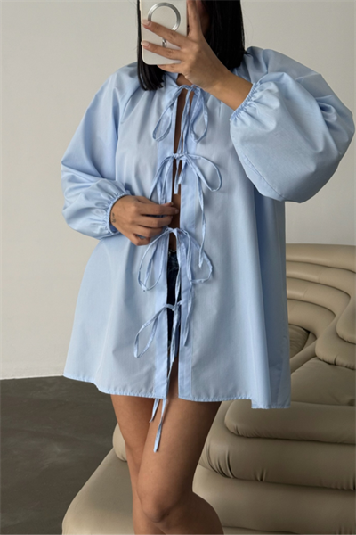 GÖMLEK POPLİN HAKİM YAKA ÖNDEN BAĞLAMA İP DETAYLI - Mavi