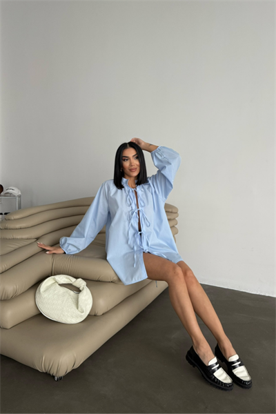 GÖMLEK POPLİN HAKİM YAKA ÖNDEN BAĞLAMA İP DETAYLI - Mavi