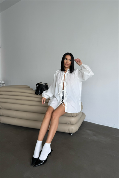 GÖMLEK POPLİN HAKİM YAKA ÖNDEN BAĞLAMA İP DETAYLI - Beyaz