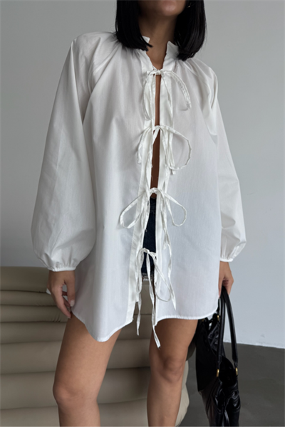 GÖMLEK POPLİN HAKİM YAKA ÖNDEN BAĞLAMA İP DETAYLI - Beyaz