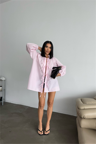 GÖMLEK POPLİN HAKİM YAKA ÖNDEN BAĞLAMA İP DETAYLI - Pembe