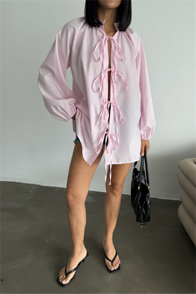 GÖMLEK POPLİN HAKİM YAKA ÖNDEN BAĞLAMA İP DETAYLI - Pembe